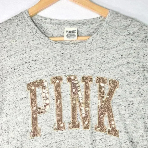 PINK Victoria's Secret Women's Bling T-shirt Small Rose Gold Sequin Logo LS Gray - Picture 2 of 14